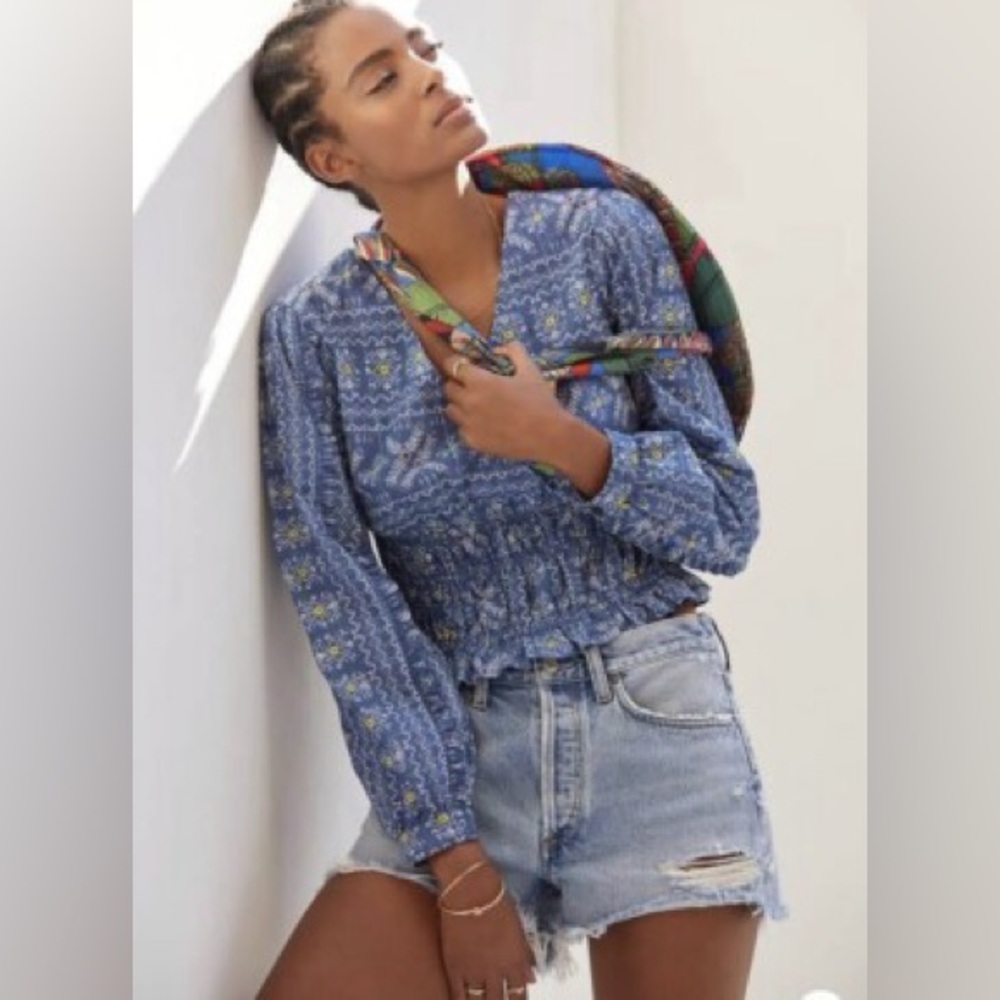 Anthropologie Forever That Girl Blue Patterned Blouse